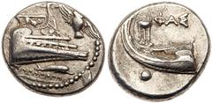 Lycia, Phaselis. Silver Stater (10.30 g), 4th century BC. Prow of galley right, the fighting platform decorated with lion prowling right; in right field, owl flying upward to left; below, dolphin righ