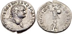 Titus. Silver Denarius (3.44 g), AD 79-81. Rome, AD 79. IMP TITVS CAES VESPASIAN AVG P M, laureate head of Titus right. Reverse: TR P VIIII IMP XIIII COS VII P P, trophy; at base, bound captive kneeli