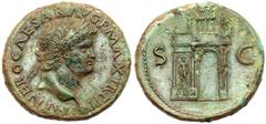 Nero. Æ Sestertius (22.08 g), AD 54-68. Lugdunum, ca. AD 67. IMP NERO CAESAR AVG P MAX TR P P P, laureate head of Nero right, globe at point of bust. Reverse: S C across field, statuary group of the e