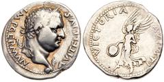 Vitellius. Silver Denarius (3.29 g), AD 69. Tarraco(?). A VITELLIVS IMP GERMAN, laureate head of Vitellius right, globe and palm at point of bust. Reverse: VICTORIA AVGVSTI, Victory flying left, holdi