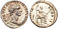Nerva. Silver Denarius (3.04 g), AD 96-98. Rome, AD 97. IMP NERVA CAES AVG P M TR P COS III P P, laureate head of Nerva right. Reverse: IVSTITIA AVGVST, Justitia seated right, holding scepter and bran
