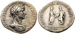 Hadrian. Silver Denarius (3.31 g), AD 117-138. Rome, AD 117. IMP CAES TRAIAN HADRIANO OPT AVG GER DAC, laureate, draped and cuirassed bust of Hadrian right. Reverse: ADOPTIO in exergue, PARTHICO DIVI 