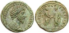 Marcus Aurelius. Æ Sestertius (28.88 g), AD 161-180. Rome, AD 161. IMP CAES M AVREL ANTONINVS AVG P M, bare-headed and cuirassed bust of Marcus Aurelius right. Reverse: CONCORD AVGVSTOR TR P XV around