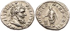 Pertinax. Silver Denarius (3.38 g), AD 193. Rome. IMP CAES P HELV PERTIN AVG, VOT DECE-N TR P COS II, emperor, togate, standing facing, head left, sacrificing out of patera over tripod and holding rol