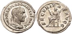 Gordian I Africanus. Silver Denarius (2.76 g), AD 238. Rome. IMP M ANT GORDIANVS AFR AVG, laureate, draped and cuirassed bust of Gordian I right. Reverse: SECVR-ITAS AVGG, Securitas seated left, holdi