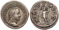 Gordian II Africanus. Silver Denarius (2.51 g), AD 238. Rome. IMP M ANT GORDIANVS AFR AVG, laureate, draped and cuirassed bust of Gordian II right. Reverse: VIRTVS AVGG, Virtus standing facing, head l