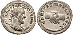 Pupienus. Silver Antoninianus (5.10 g), AD 238. Rome. IMP CAES PVPIEN MAXIMVS AVG, radiate, draped and cuirassed bust of Pupienus right. Reverse: CARITAS MVTVA AVGG, clasped hands. RIC 10b; BMC 87-91;