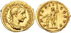 Gordian III. Gold Aureus (5.13 g), AD 238-244. Rome, AD 239. IMP CAES M ANT GORDIANVS AVG, laureate, draped and cuirassed bust of Gordian III right. Reverse: P M TR P II COS P P, Jupiter standing faci