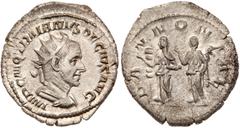 Trajan Decius. Silver Antoninianus (4.93 g), AD 249-251. Rome. IMP C M Q TRAIANVS DECIVS AVG, radiate, draped and cuirassed bust of Trajan Decius right. Reverse: PANNONIAE, two Pannoniae standing faci