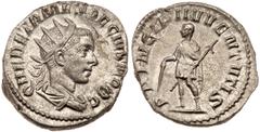 Herennius Etruscus. Silver Antoninianus (4.37 g), as Caesar, AD 250-251. Rome. Q HER ETR MES DECIVS NOB C, PRINCIPI IVVENTVTIS, prince standing facing, head, holding baton and spear. RIC 147c; RSC 27.