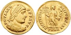 Valens. Gold Solidus (4.41 g), AD 364-378. Heraclea, AD 364. D N VALEN-S P F AVG, diademed, draped and cuirassed bust of Valens right. Reverse: RESTITVTOR REIPVBLICAE, emperor standing facing, head ri