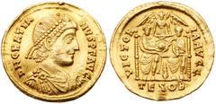 Gratian. Gold Solidus (4.50 g), AD 367-383. Thessalonica, AD 378-383. D N GRATIA-NVS P F AVG, diademed, draped and cuirassed bust of Gratian right. Reverse: VICTOR-IA AVGG, two emperors seated facing,