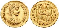 Valentinian II. Gold Solidus (4.47 g), AD 375-392. Mediolanum, AD 380-382. D N VALENTINI-ANVS P F AVG, diademed, draped and cuirassed bust of Valentinian II right. Reverse: VICTOR-IA AVGG, two emperor