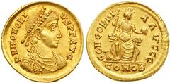 Lot 3471 Honorius, 393-423 AD. Gold Solidus (4.36g), Thessalonica mint, struck c. 388-393 AD. Draped and cuirassed bust right, wearing pearl diadem. Reverse: Constantinopolis enthroned facing, head ri