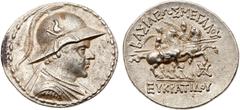 Baktrian Kingdom. Eukratides I. Silver Tetradrachm (17.06 g), ca. 171-145 BC. Diademed and draped bust of Eukratides I right, wearing helmet adorned with bull's horn and ear. Reverse: BAΣIΛEΩΣ MEΓAΛOY