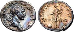 Trajan. Silver Denarius (3.29 g), AD 98-117. Rome, AD 116/7. IMP CAES NER TRAIAN OPTIM AVG GER DAC PARTHICO, laureate and draped bust of Trajan right. Reverse: P M TR P COS VI P P S P Q R, PRO-VID acr