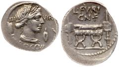 Roman Republican Coinage L. Furius Cn.f. Brocchus. Silver Denarius, 64 BC. Rome. III VIR across field, BROCCHI below, draped bust of Ceres right, wreathed with grain ears, between wheat ear and barley