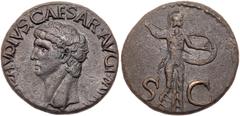 Roman Imperial Coinage Claudius. Æ As (10.19 g), AD 41-54. Rome, AD 41/2. TI CLAVDIVS CAESAR AVG P M TR P IMP, bare head of Claudius left. Reverse: S C across field, Minerva advancing right, brandishi
