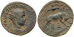 Aelia Capitolina. Hostilian, 251 C.E. AE 28. Mesh ("Aelia") 181. Radiate, draped and cuirassed bust right of Hostilian as Caesar. Reverse: She-wolf with twins; legionary eagle above. Choice Very Fine.