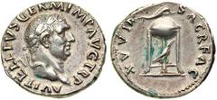 Vitellius, A.D. 69. AR Denarius, Rome, struck c. late April-20 Dec, A.D. 69. BMC 39. RIC-109 [as Scarce]. Laureate head right of Vitellius. Reverse: Tripod-lebes with dolphin on top, raven standing ri