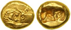 Lydia, Kings of. Time of Cyrus to Darius I, c. 545-520 BC. Gold Stater (8.04 g). Confronted foreparts of lion right and bull left. Reverse: Two incuse punches of unequal sizes. SNG Cop. Suppl. 362; Tr