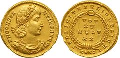 Constantius II, 337-361 AD. Gold Solidus (4.54 g), Constantinopolis mint. struck c. 337-340 AD. Rosette-diademed, cuirassed, and draped bust right. Reverse: Imperial wreath, VOT / XV / MVLT / XX withi
