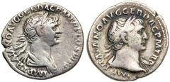 Rome. Lot of Seven Coins of Trajan, in Silver & Bronze, 98-117 AD. Lot of 5 AR Denarii and a Cappadocian AR Didrachm; the bronze, an As. Denarii with Laureate Heads, or Cuirassed Busts. Reverses: Fort