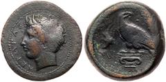 Ancient Coins Sicily, Akragas. Æ Hemilitron (18.38 g) 28 mm, ca. 400-380 BC. AKPAΓAΣ, horned head of youthful river-god Akragas left, hair bound with tainia. Reverse: Eagle standing left atop Ionic ca