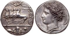 Ancient Coins Sicily, Syracuse. Dionysios I. Silver Decadrachm, 405-367 BC. Ca. 405-400 BC. Reverse die signed by the master engraver Euainetos. Charioteer driving galloping quadriga left, holding ken