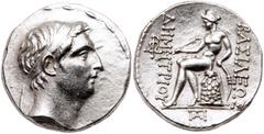 Ancient Coins Seleukid Kingdom. Demetrios I Soter. Silver Tetradrachm (16.86 g), 162-150 BC. Susa, ca. 161-150 BC. Diademed head of Demetrios I right. Reverse: BAΣIΛEΩΣ ΔHMHTPIOY, Apollo seated left o