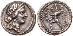 Ancient Coins Julius Caesar. Silver Denarius (3.85 g), 48-47 BC. Military mint traveling with Caesar in North Africa. Diademed head of Venus right. Reverse: CAESAR, Aeneas advancing left, holding pall