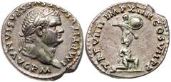 Ancient Coins Titus. Silver Denarius (3.55 g), AD 79-81. Judaea Capta type. Rome, AD 79. IMP TITVS CAES VESPASIAN AVG P M, laureate head of Titus right. Reverse: TR P VIIII IMP XIIII COS VII P P, toph