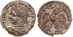 Ancient Coins Caracalla. BI Tetradrachm (12.73 g), AD 198-217. Antioch in Syria, AD 214/5. Laureate, draped and cuirassed bust of Caracalla left. Reverse: Eagle standing facing on leg and thigh of sac