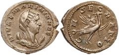 Ancient Coins Diva Mariniana. Silver Antoninianus (3.89 g), died before AD 253. Rome, under Valerian I and Gallienus, AD 254-256. DIVAE MARINIANAE, veiled and draped bust of Mariniana right, set on a 