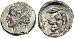 Sicily. Leontini, c. 430-425 BC. AR Tetradrachm (17.27 g). Laureate head of Apollo left. Reverse: Lion's head with open jaws to left, three barley grains about head, bay leaf behind; ethnic in field a