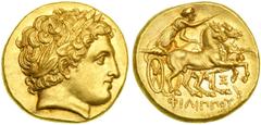 Kings of Macedon. Philip II, 359-336 BC. Gold Stater (8.60 g), Abydus mint, struck c. 323-319 BC. Struck under Philip III. Laureate head of youthful Apollo right. Reverse: Charioteer driving fast biga
