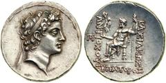 Seleucid Kingdom. Antiochos V, Eupator, 164-162 BC. AR Tetradrachm (16.73g), Antioch mint. Diademed head of youthful Antiochos right. Reverse: Zeus, in himation, enthroned left, holding scepter and Ni