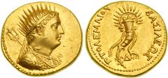 Ptolemaic Kingdom. Ptolemy IV, Philopater, 221-205 BC. Gold Octodrachm (27.77 g), Alexandria mint, in the name of Ptolemy III. Radiate and diademed bust of deified Ptolemy III to right, wearing aegis 