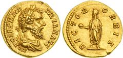 Rome. Didius Julianus, March 28 to about mid-June 193 AD. Gold Aureus (6.65 g), Rome mint. Laureate and draped bust of Didius Julianus right. Reverse: Togate Didius Julianus stands left, holding globe