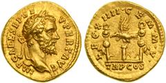Rome. Septimius Severus, 193-211 AD. Gold Aureus (7.13 g), Rome mint, struck 193 AD. Laureate head of Septimius Severus right. Reverse: Legionary eagle between two standards, the standards each with w