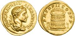 Rome. Severus Alexander, 222-235 AD. Gold Aureus (6.31 g), Rome mint, struck 223 AD. Laureate and draped bust of Severus right. Reverse: View of the coliseum (the Flavian Amphitheater): the building h