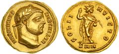 Rome. Galerius Maximianus, as Caesar, 293-305 AD. Gold Aureus (5.27 g), Nicomedia, struck 294 AD. Laureate head of Galerius right. Reverse: Sol standing facing, head right, raising right hand in salut