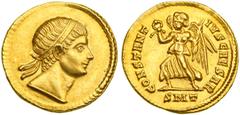 Rome. Constantius II, as Caesar, 324-337 AD. Gold Solidus (4.52 g), Ticinum mint, struck c. 326 AD. Diademed head of youthful Constantius II gazing slightly upwards to right. Reverse: Victory striding