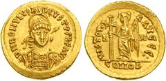 Rome. Romulus Augustus, 475-476 AD. Gold Solidus (4.47 g), Rome mint. Diademed, helmeted bust three-quarters frontal and holding spear, with elaborate cuirass, and shield decorated with rider over fal