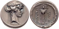 Ancient Coins L. Torquatus. Silver Denarius (3.89 g), 58 BC. Rome. SIBVLLA below, head of Sibyl right, wreathed with ivy; all within dotted border. Reverse: L TORQVAT III VIR, tripod surmounted by an 