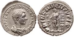 Ancient Coins Diadumenian. Silver Denarius (3.45 g), as Caesar, AD 217-218. Rome, under Macrinus, AD 217. M OPEL ANT DIADVMENIAN CAES, bare-headed and draped bust of Diadumenian right. Reverse: PRINC 