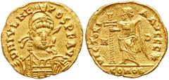 Ancient Coins Julius Nepos. Gold Solidus (4.38 g), first reign, AD 474-475. Mint of Milan. D N IVL NE-POS P F AVG, diademed, helmeted and cuirassed bust of Julius Nepos facing slightly right, holding 