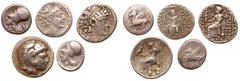Ancient Coins 5-Piece Lot of Greek Silver, ca. 3rd-2nd Century BC. Consists of 2 Corinthian-type staters and 2 Seleukid tetradrachms, and a Celtic imitation tetradrachm of Alexander III. Fair to Fine.