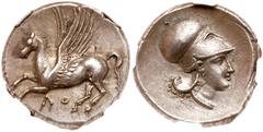 Ancient Coins Bruttium, Lokris. Silver Stater (8.58 g), ca. 350-275 BC. ΛO, Pegasos flying left. Reverse: Helmeted head of Athena right; no controls. Pegasi 5. HN Italy 2338. SNG ANS 506. NGC grade Ch