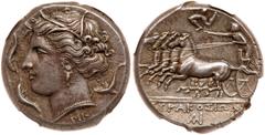 Ancient Coins Sicily, Syracuse. Agathokles. Silver Tetradrachm (17.20 g), 317-289 BC. Ca. 317-310 BC. Wreathed head of Arethusa left, surrounded by three dolphins; below neck, NK. Reverse: [Σ]YPAKOΣIΩ